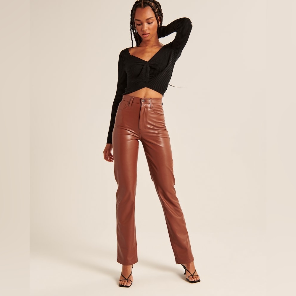 Brown Abercrombie Women's Vegan Leather 90s Straight Pants